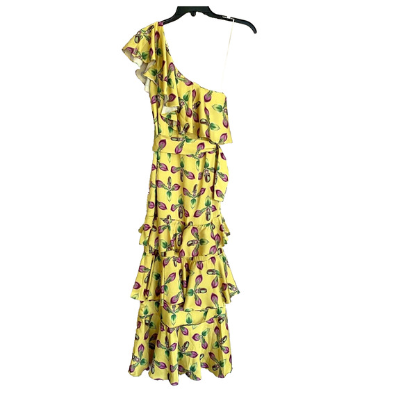 PATBO BRIGHT YELLOW ONE SHOULDER TIERED RUFFLE MIDI DRESS SIZE 2 NWT - Picture 6 of 9